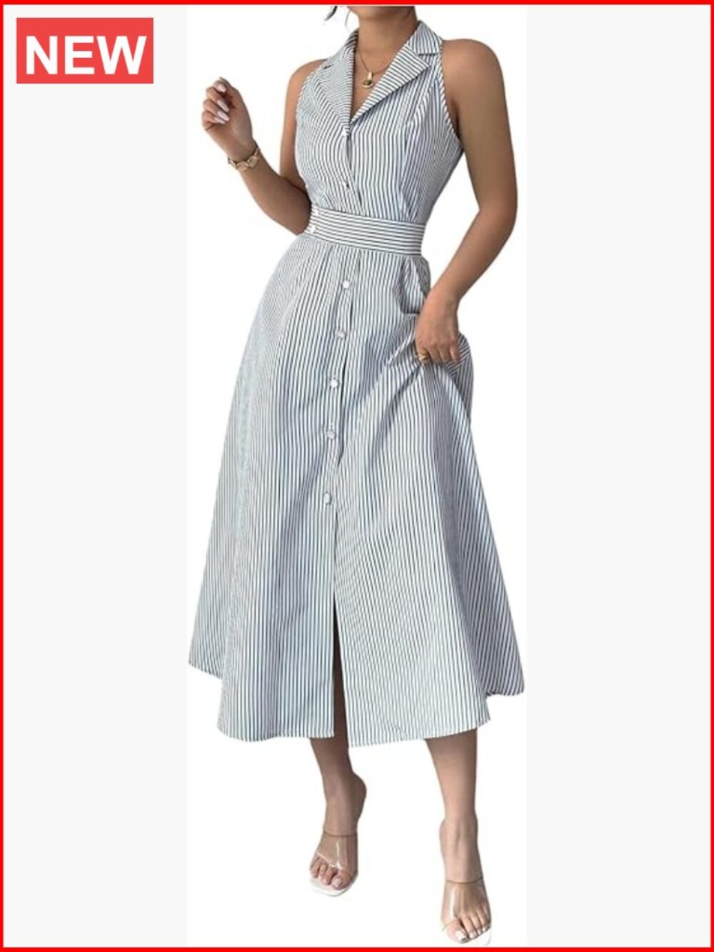 Striped Pearl Button Up Ruffle Work Dress Elegant Collared Belted Midi Dress